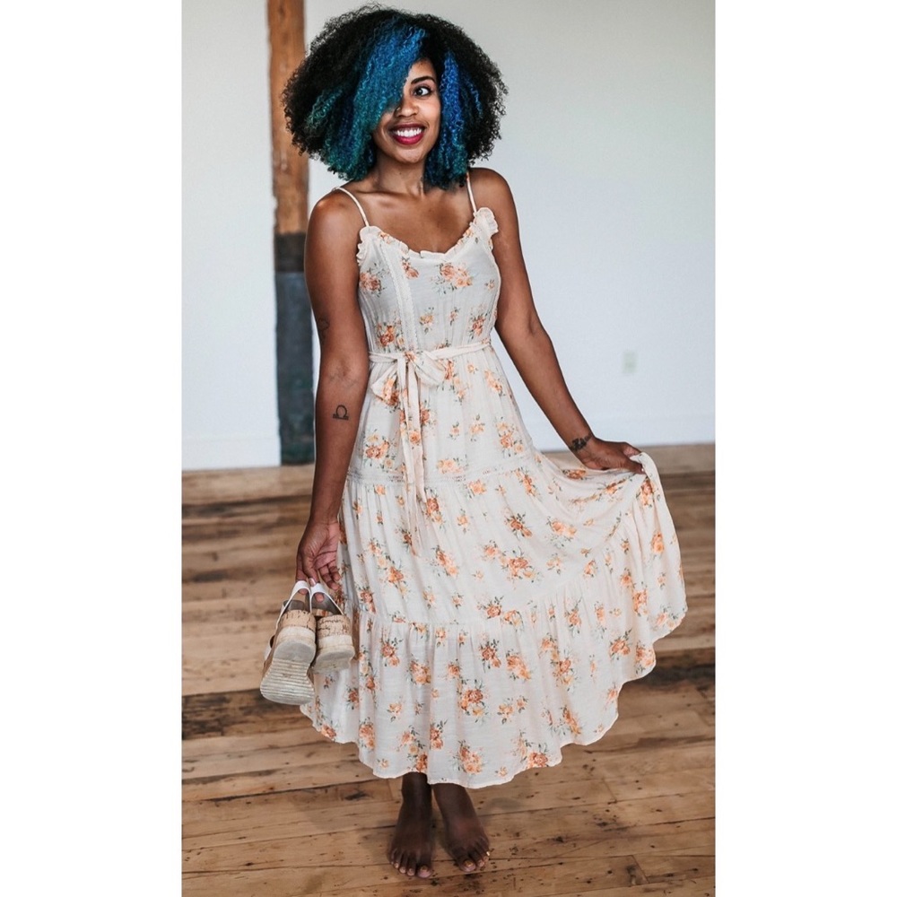 Boho Fall Floral Tier Ruffle Midi Dress L